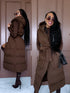Long, chocolate brown vest with tie belt